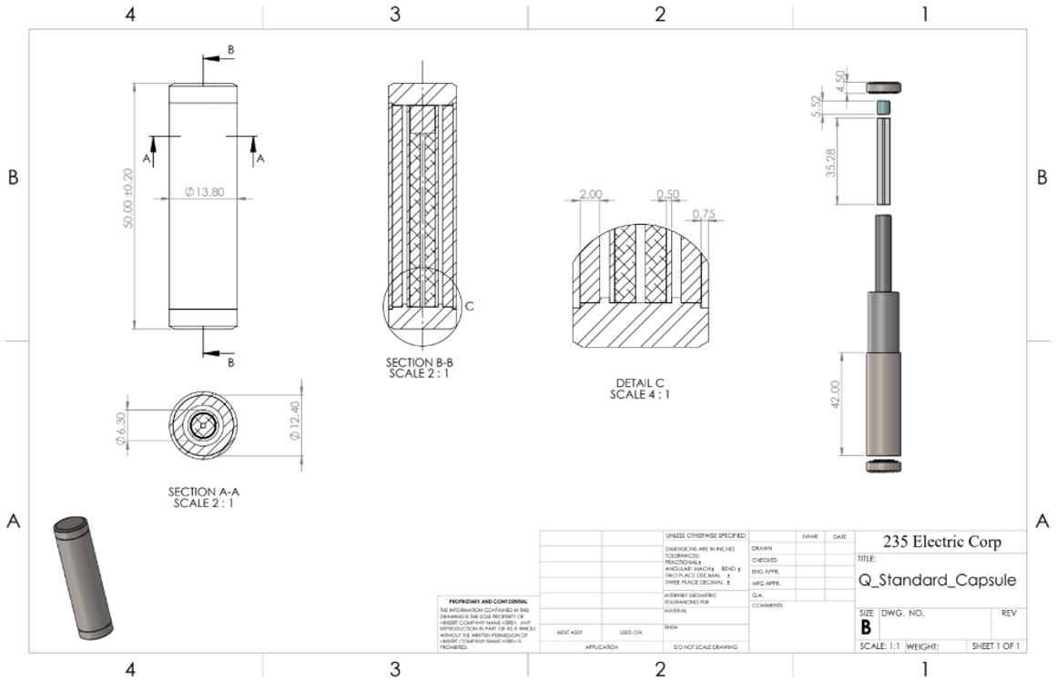 Engineering drawing, Q standard capsule designed for radioisotope generator core